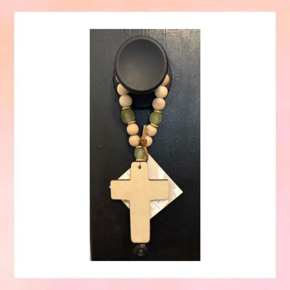 Boho Farmhouse Wood Bead Cross Ornament | Green Beads